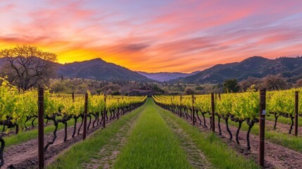 Fototapeta premium Vineyard Rows with a Mountain Sunset and a Farmhouse
