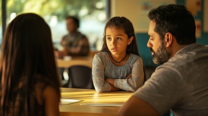 Concerned parents having a serious conversation with their young daughter at school, capturing a moment of discussion and guidance in an educational setting