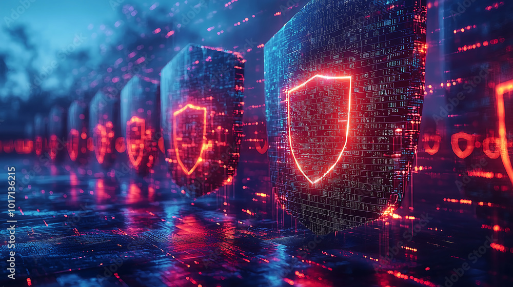 Poster ai powered cybersecurity shields protecting digital data networks in futuristic landscape