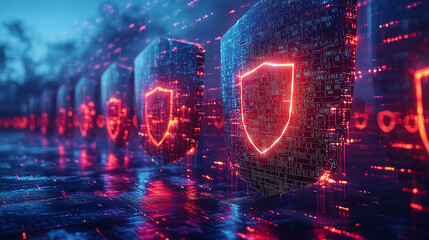 Obraz premium AI powered cybersecurity shields protecting digital data networks in futuristic landscape