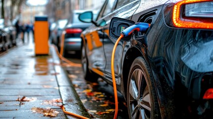 Obraz premium Electric Car Plugged In for Charging on a Wet City Street