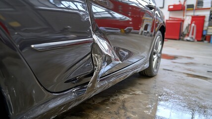 A skilled auto body repair specialist works meticulously on a car's dented fenders, aiming for a flawless restoration. Capturing the precision and dedication in the auto repair process.