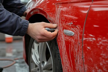 A skilled auto body repair specialist works meticulously on a car's dented fenders, aiming for a flawless restoration. Capturing the precision and dedication in the auto repair process.