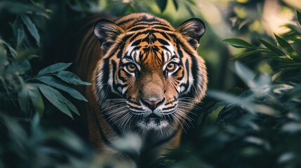 A Close-Up of a Tiger's Face Partially Hidden by Lush Green Foliage