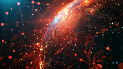 Fototapeta premium A digital, glowing, red and blue earth globe with a network of lines and dots