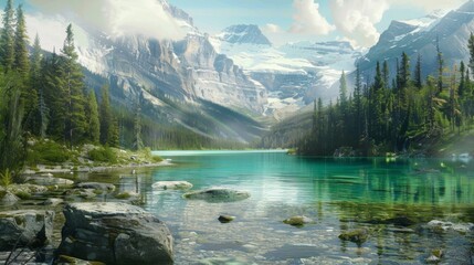 Naklejka premium Breathtaking Turquoise Lake Surrounded by Majestic Snow Capped Mountains and Lush Coniferous Forests