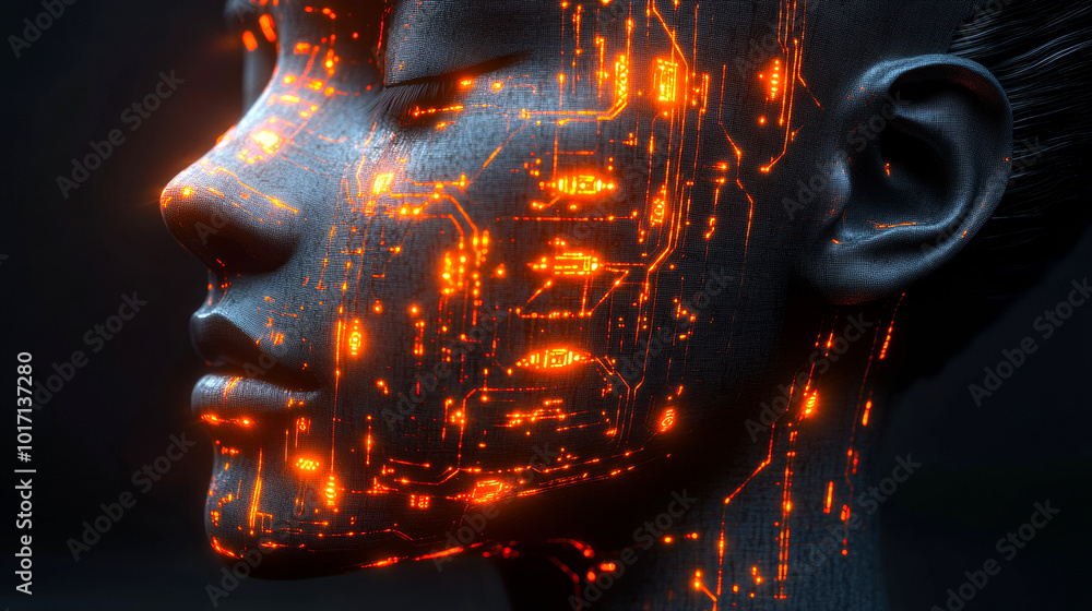 Poster a close-up of a humanoid face adorned with intricate glowing circuits, showcasing a blend of technol