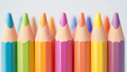 Fototapeta premium Vibrant colored pencils are lined up in a row, showcasing various shades against a plain white background.