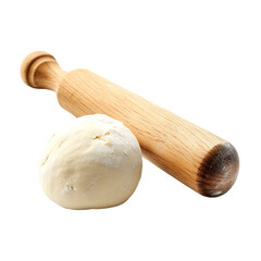 Wooden rolling pin next to a fresh ball of dough on a white background, ready for baking projects. Perfect for culinary-themed designs.