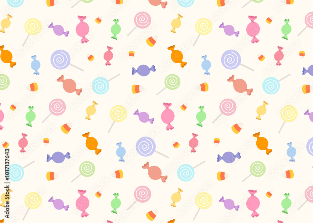 Wall mural Cute colorful candies and lollipops pattern background. Pattern for sweet candy wallpaper, textile, wrapping paper. Halloween candies trick or treat concpet. Flat vector illutration.