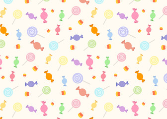 Cute colorful candies and lollipops pattern background. Pattern for sweet candy wallpaper, textile, wrapping paper. Halloween candies trick or treat concpet. Flat vector illutration.