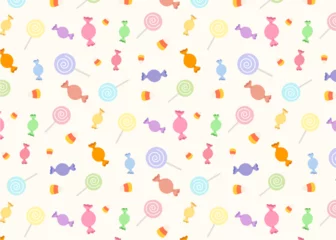 Cute colorful candies and lollipops pattern background. Pattern for sweet candy wallpaper, textile, wrapping paper. Halloween candies trick or treat concpet. Flat vector illutration.