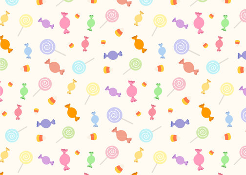 Cute colorful candies and lollipops pattern background. Pattern for sweet candy wallpaper, textile, wrapping paper. Halloween candies trick or treat concpet. Flat vector illutration.