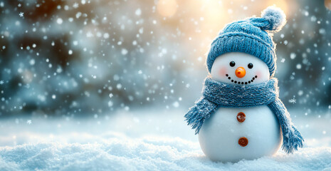 Fototapeta premium A cheerful snowman stands in soft snow, adorned with a blue scarf and a cozy hat, surrounded by falling snowflakes in winter.