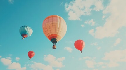 Fototapeta premium Three Colorful Hot Air Balloons Drifting in a Blue Sky