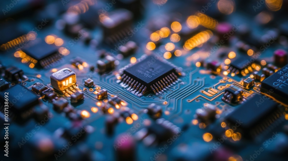 Poster close-up of an illuminated circuit board with components