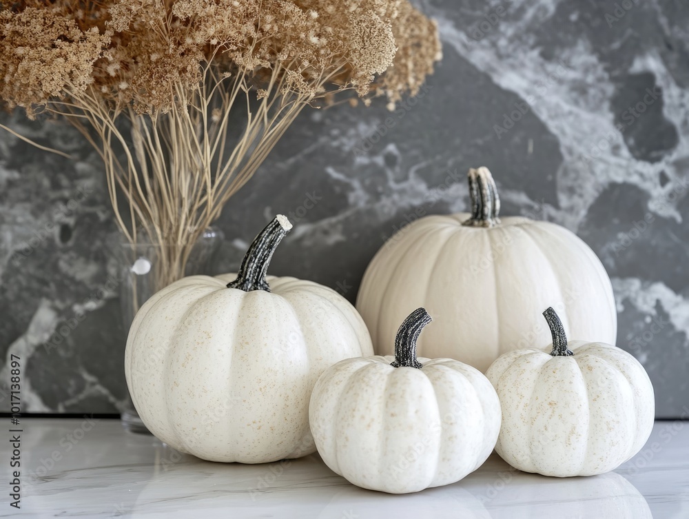 Poster white pumpkins with decoration on marble surface