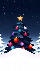 Obraz premium A beautifully decorated Christmas tree stands tall against a starry night sky, its colorful ornaments sparkling brightly.