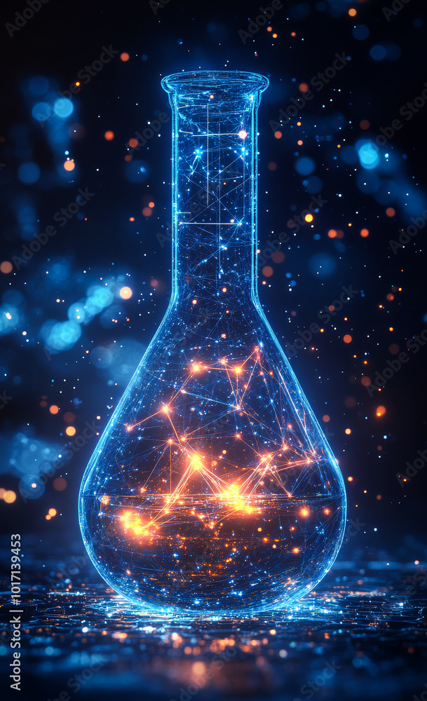 Poster a glowing laboratory flask filled with luminous liquid, surrounded by floating digital particles rep