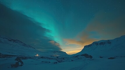 Snowy Mountain Valley with Green Aurora Borealis and Starry Night Sky