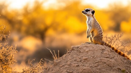 A Meerkat Standing Tall on a Mound in Golden Sunlight