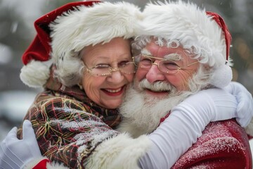 Obraz premium Santa Claus embracing outdoors with Mrs. Claus.