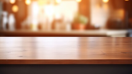 Blank Wooden Table With Blurry Kitchen Backdrop Perfect For Showcasing Your Products
