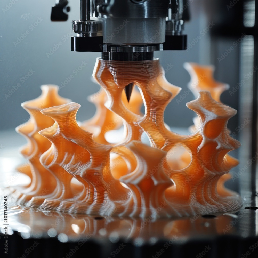Poster 3d printer creating an abstract orange object