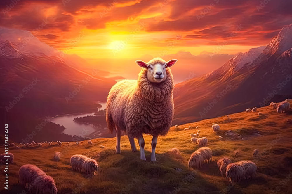 Poster sheep is standing in a field with a sunset in the background