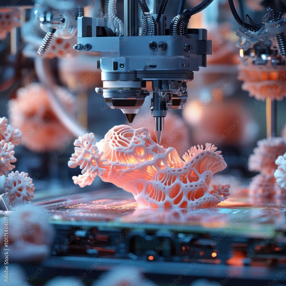 Poster 3d printed coral-like structures being created by a robotic arm