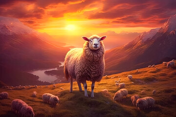 Fototapeta premium Sheep is standing in a field with a sunset in the background