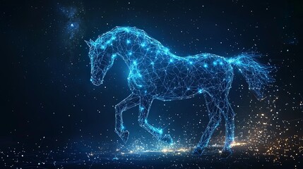 A luminous digital horse formed by interconnected points and lines, resembling a constellation in space, blending technology and nature in a cosmic atmosphere.