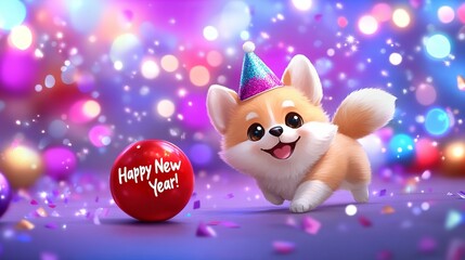 Fototapeta premium A cute cartoon dog wearing a party hat celebrates the new year with a festive red ball that says 