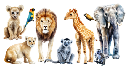 Set animals watercolor. Wildlife cute animal, Hand painted zoo clipart camel, kangaroo, lion, monkey, elephant and lemur