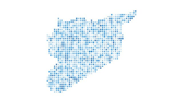 Syria dotted digital map. Map of Syria with pulsating colored circles. Shape of the country filled with blue disks. Astonishing video.