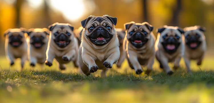A group of playful pugs enjoy a lively run through a sunlit park filled with autumn colors and warm sunshine.