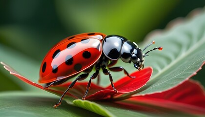 Fototapeta premium Ladybug macro on red petal symbolizing luck and love