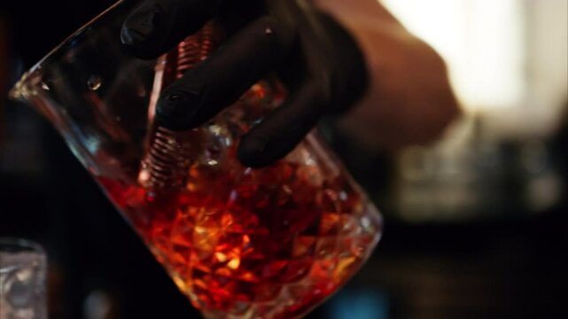 Barman straining alcohol in a glass with ice cubes for Negroni cocktail