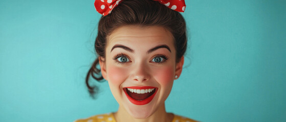 A woman with red hair and a red bow on her head is smiling. She has red lipstick and is wearing a yellow shirt