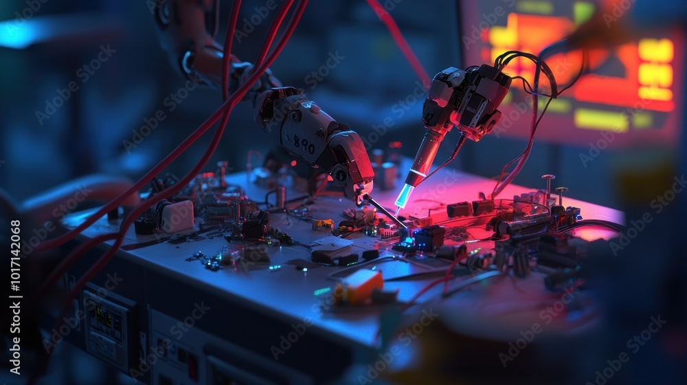 Aufkleber robotic arms working on circuit board in a futuristic lab
