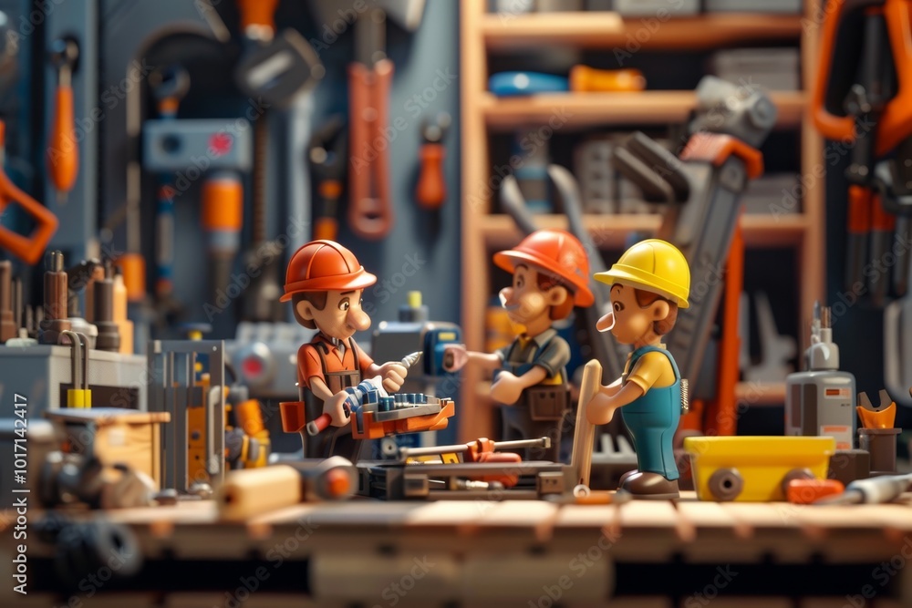 Aufkleber A repair team collaborates on a project, using various tools and materials in a well-equipped workshop filled with equipment. Generative AI