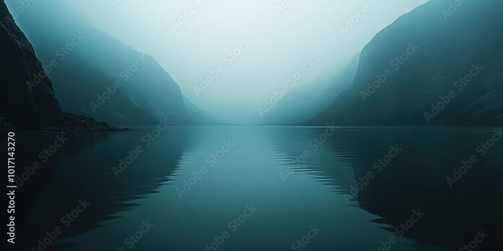 Sticker Misty Mountain Valley with Calm Water Reflection