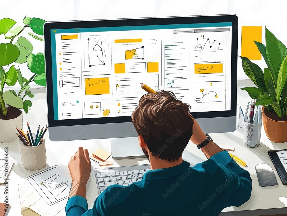 Poster a person engages with innovative visuals on a computer, analyzing data and presenting creative ideas