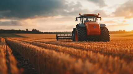 Obraz premium Red Tractor Driving Through a Field at Sunset