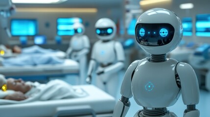 A humanoid robot in a hospital setting with patients in the background