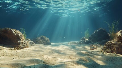 Fototapeta premium A serene underwater scene with soft beams of light filtering through crystal-clear water, illuminating sandy ocean floor and rocky surroundings.