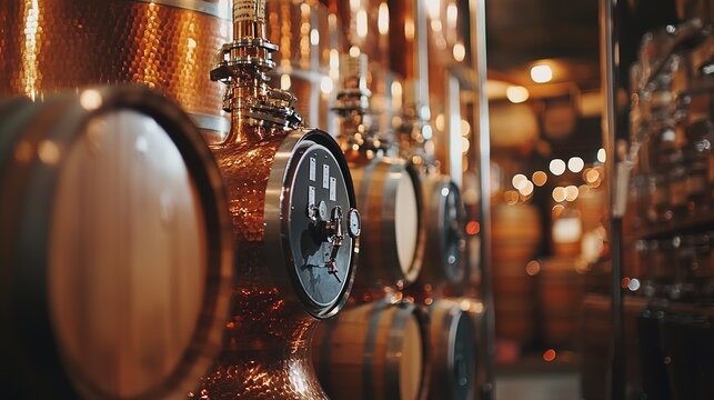 A close-up view of copper distillation equipment, featuring gauges and wooden barrels, highlighting the artisanal craft of spirit production.