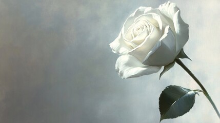 A single white rose with green leaves, photographed against a soft grey background. Generative Ai