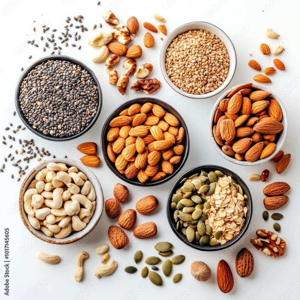 Poster a vibrant array of assorted nuts and seeds displayed in bowls. perfect for healthy snacking and culi