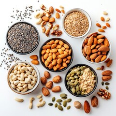 A vibrant array of assorted nuts and seeds displayed in bowls. Perfect for healthy snacking and culinary creations. This image captures the essence of natural ingredients. AI